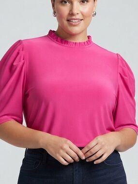 😍SHOW SPECIAL CECE Ruffle Neck Short Sleeve Top - Hot Pink size XL
